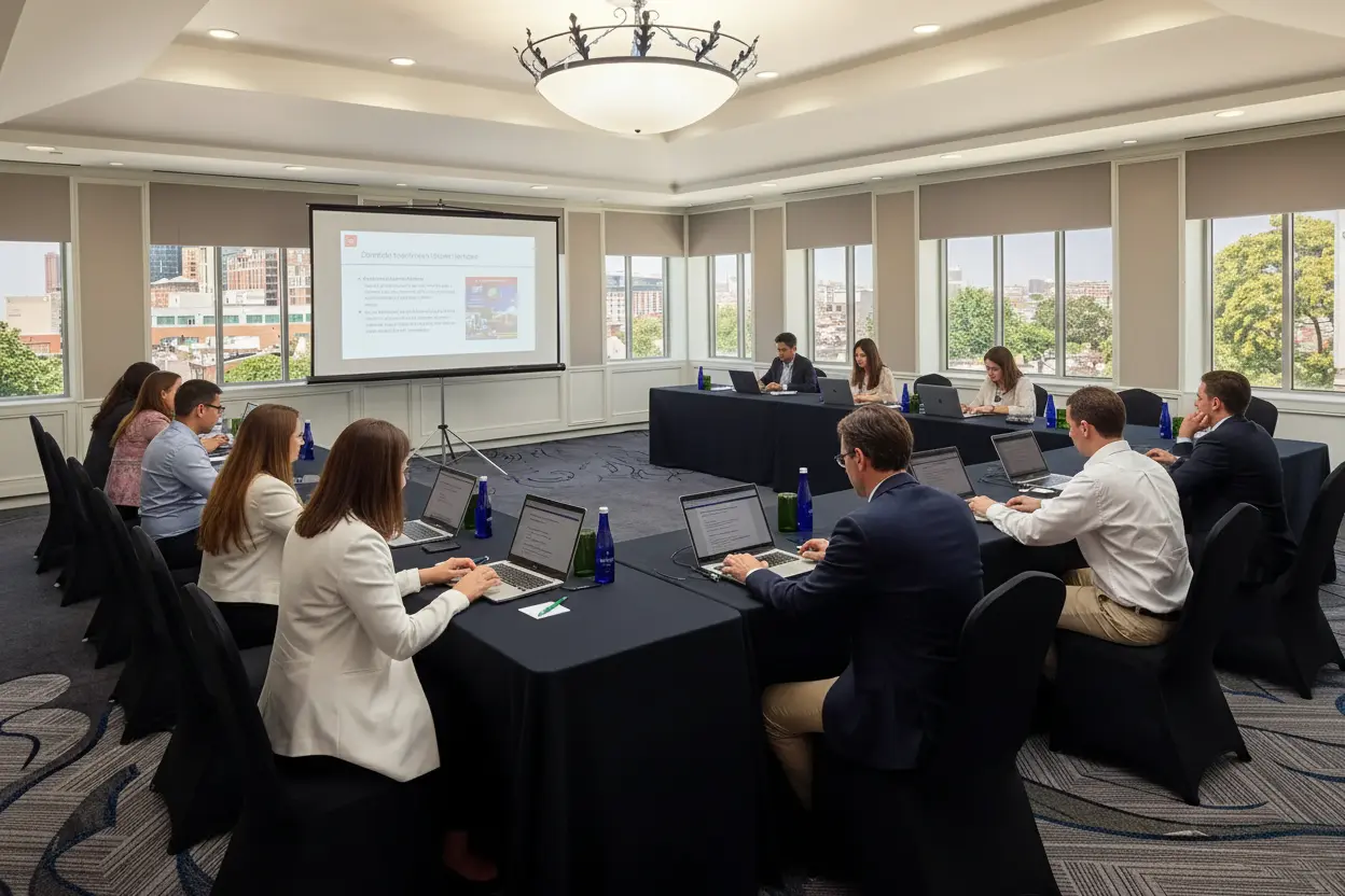 Corporate meeting setup in the Admiral’s Ballroom with projector and neat table sets