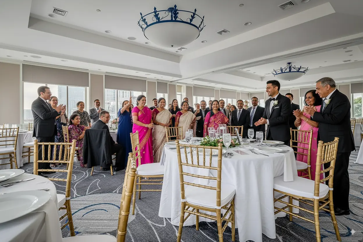 Elegant wedding setup in the Admiral’s Ballroom with chandeliers and daylight